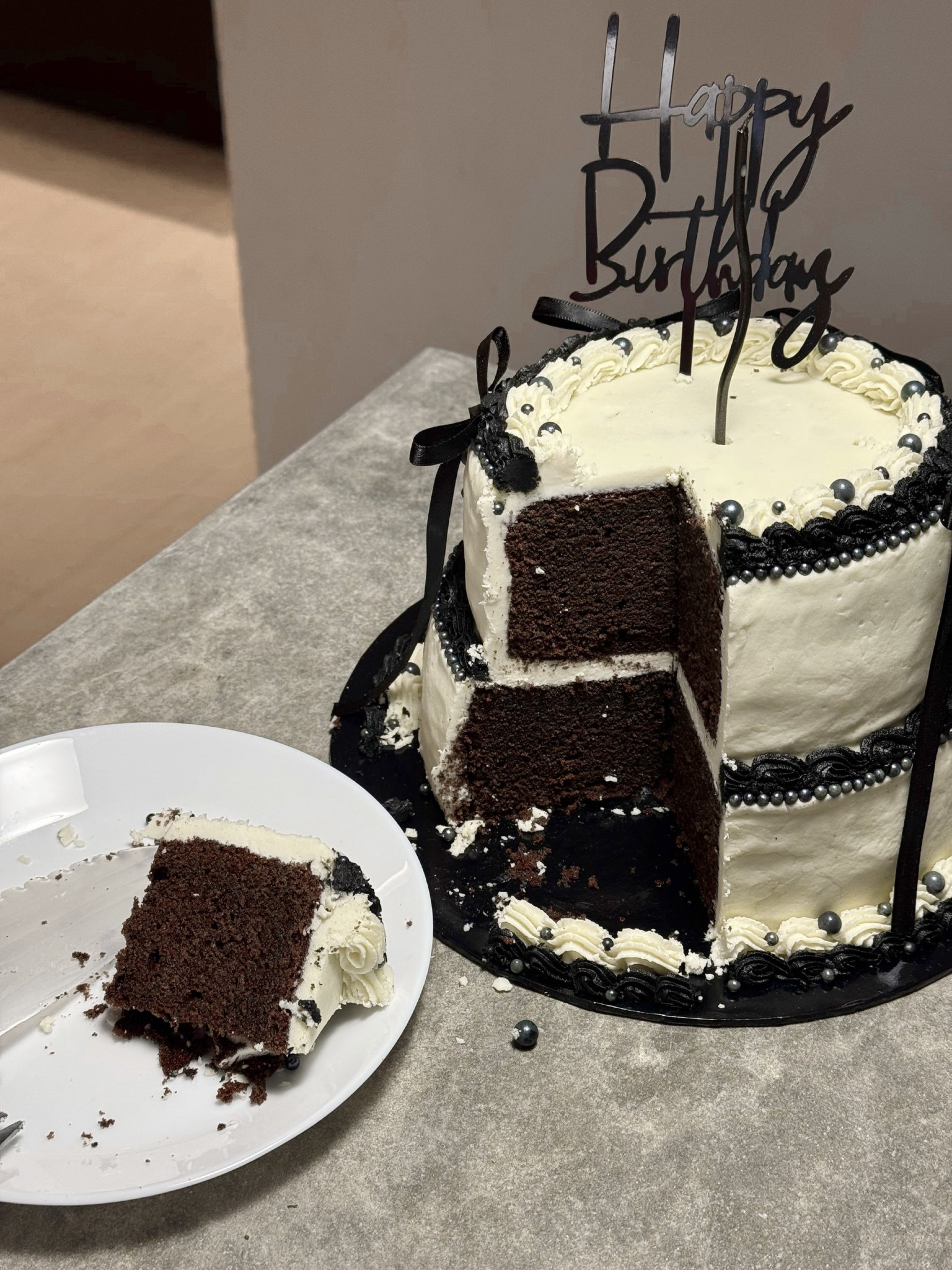 Two-layer chocolate birthday cake with white buttercream