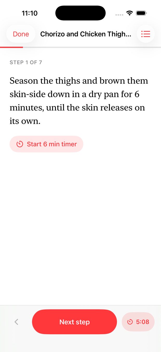 Cook mode on step 1 of 7 with a six minute timer running at 5:23 beside the Next step button