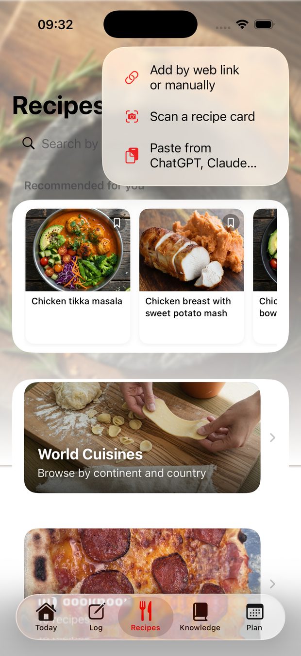 The Recipes tab's add menu &mdash; add by web link, scan a recipe card, or paste from ChatGPT and Claude