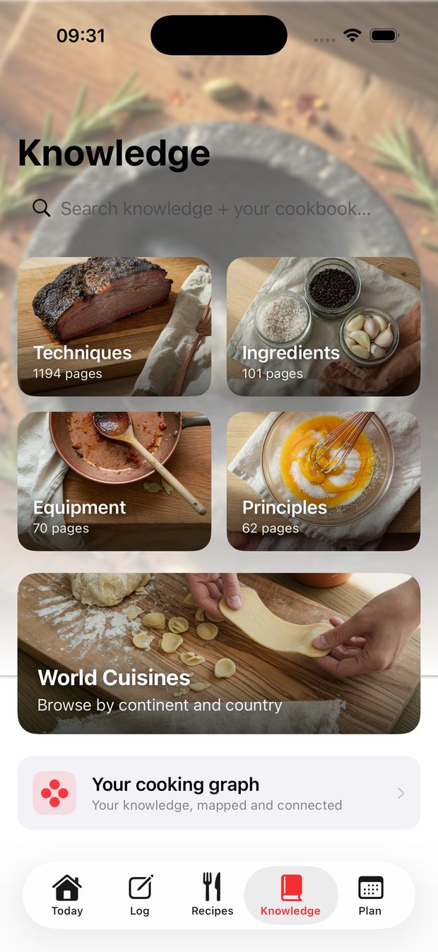 The Knowledge tab — techniques, ingredients, equipment and principles