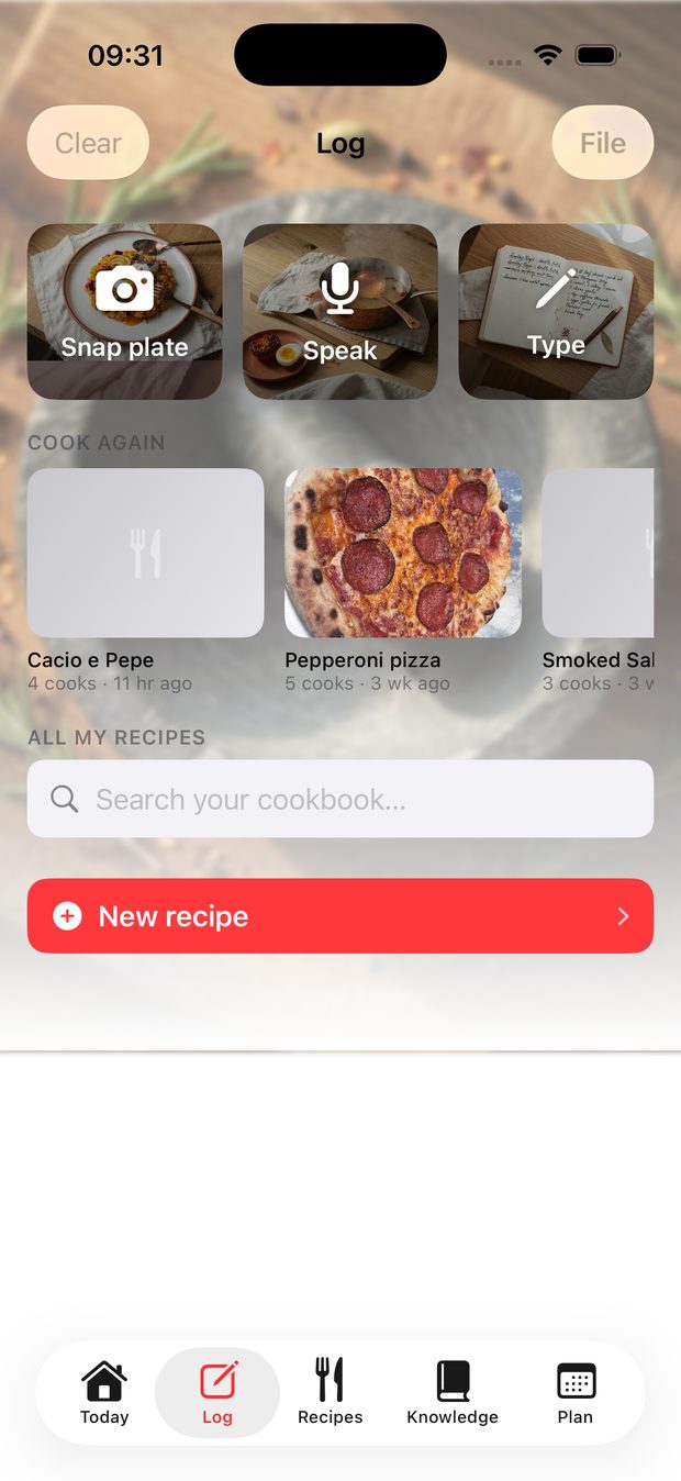 The Log tab — Snap plate, Speak, and Type tiles above recent cooks
