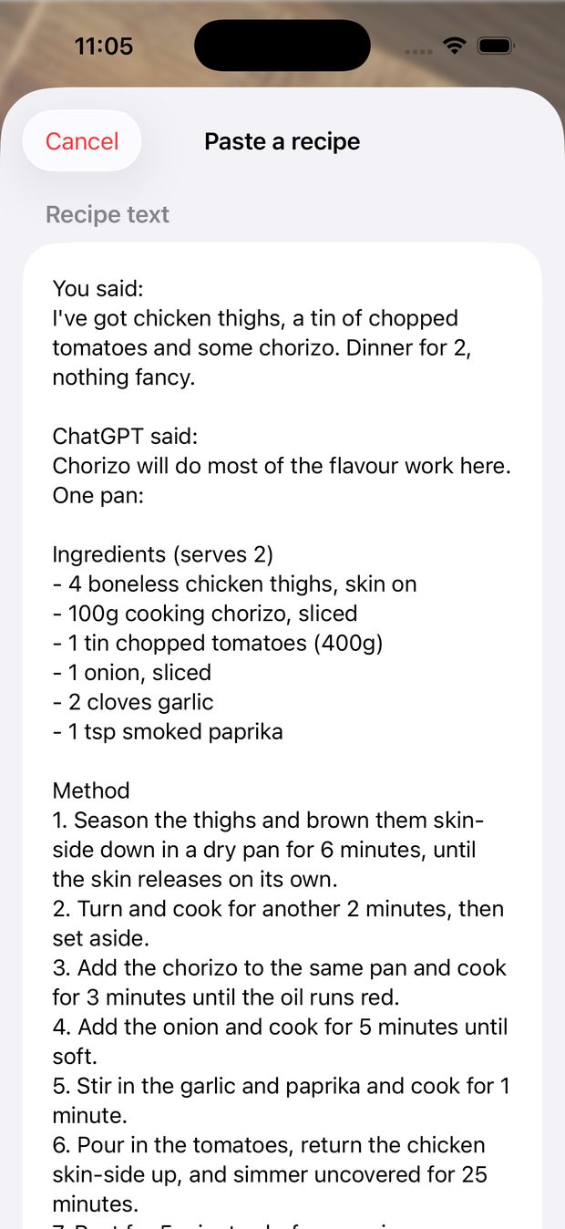 The paste sheet holding a raw ChatGPT conversation, You said and ChatGPT said and all
