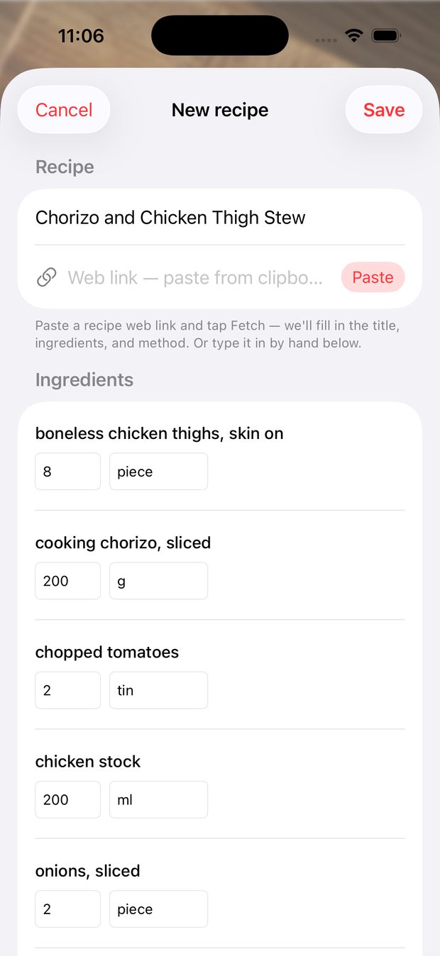 The same chat parsed into a recipe titled Chorizo and Chicken Thigh Stew with structured ingredients