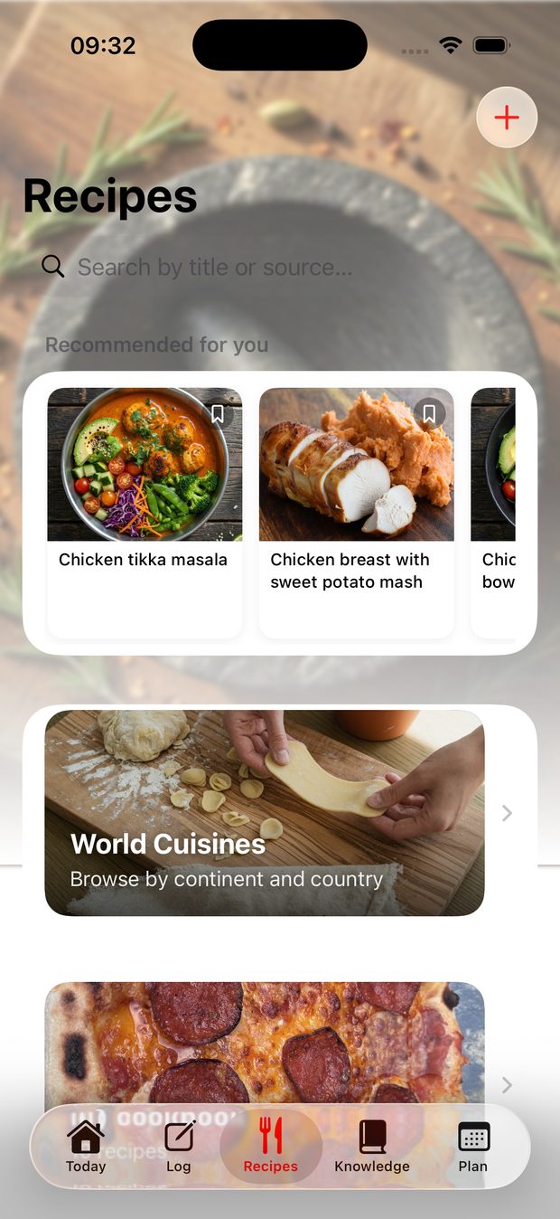 The Recipes tab — recommendations and the World Cuisines explorer