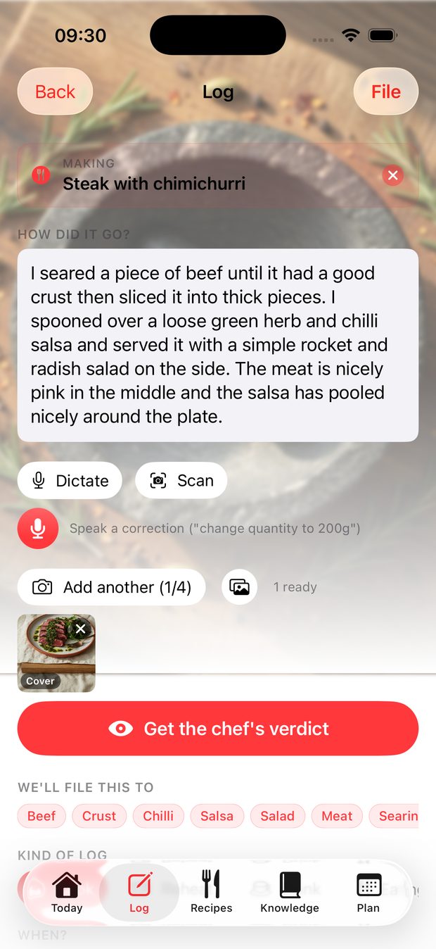 A snapped plate of steak with chimichurri, with the cook note the app wrote from the photo