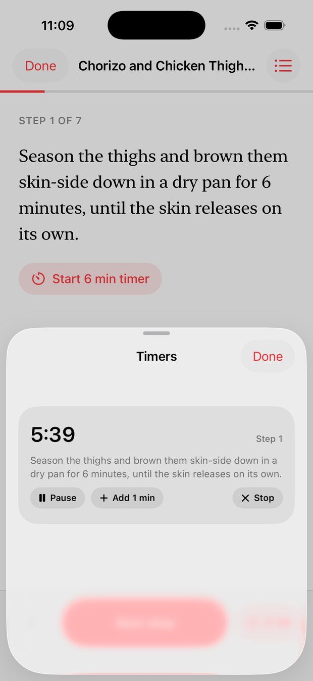 The timer tray showing 5:52 remaining with Pause, Add 1 min and Stop controls