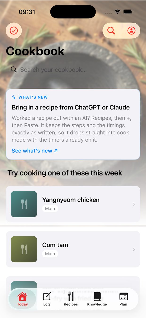 The Today tab — your cookbook with a What's New card and this week's suggestions