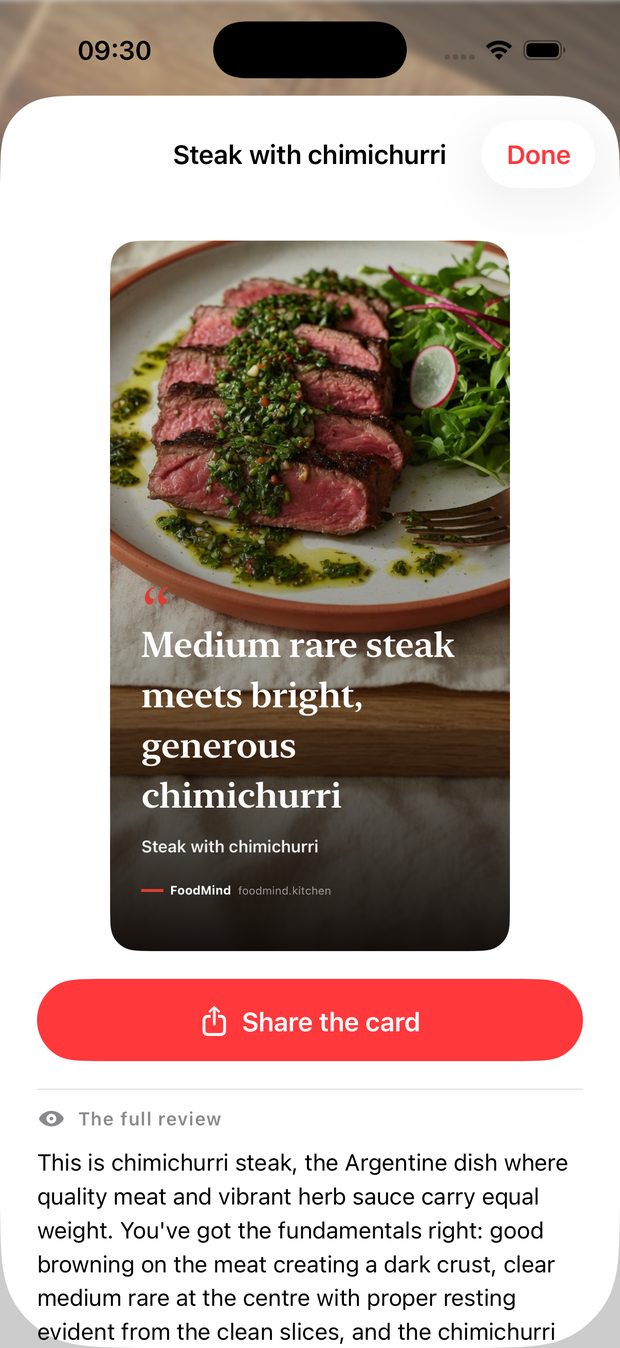 The chef's verdict card for a steak with chimichurri, ready to share