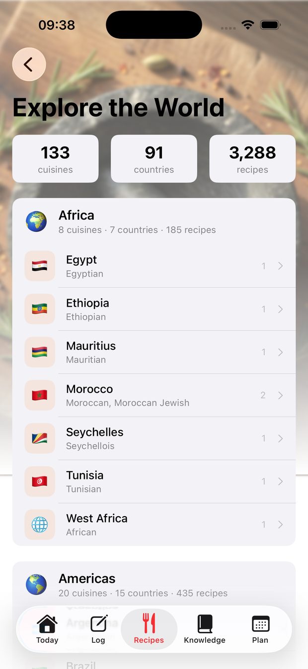 Explore the World &mdash; 133 cuisines, 91 countries, 3288 recipes